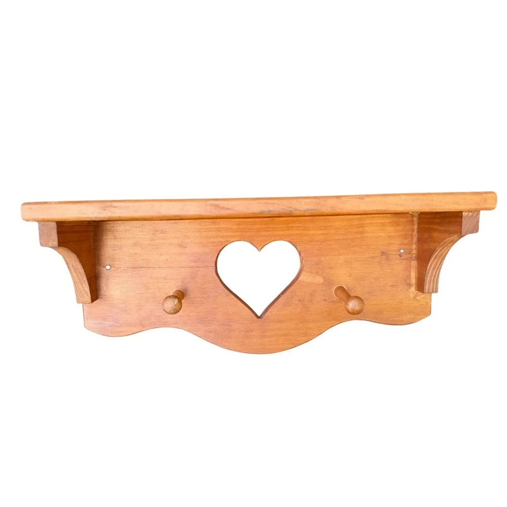 Vintage Pine Wood Heart Cutout Wall Shelf with Pegs Country Farmhouse Decor